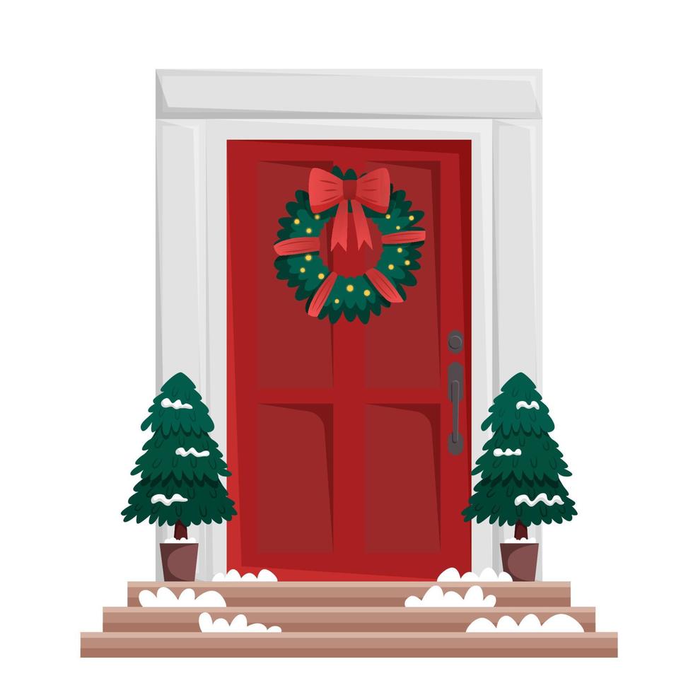 rote Tür mit Weihnachtskranz auf weißem Hintergrund vektor