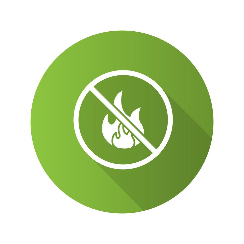 förbjuden skylt med eld platt design lång skugga glyph ikon. inget eldningsförbud. vektor silhuett illustration