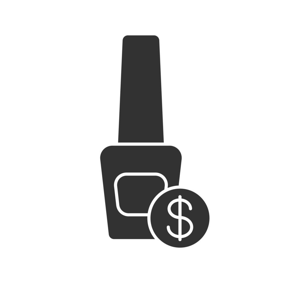 nagellack pris glyph ikon. silhuett symbol. nagellackflaska med dollarskylt. negativt utrymme. vektor isolerade illustration