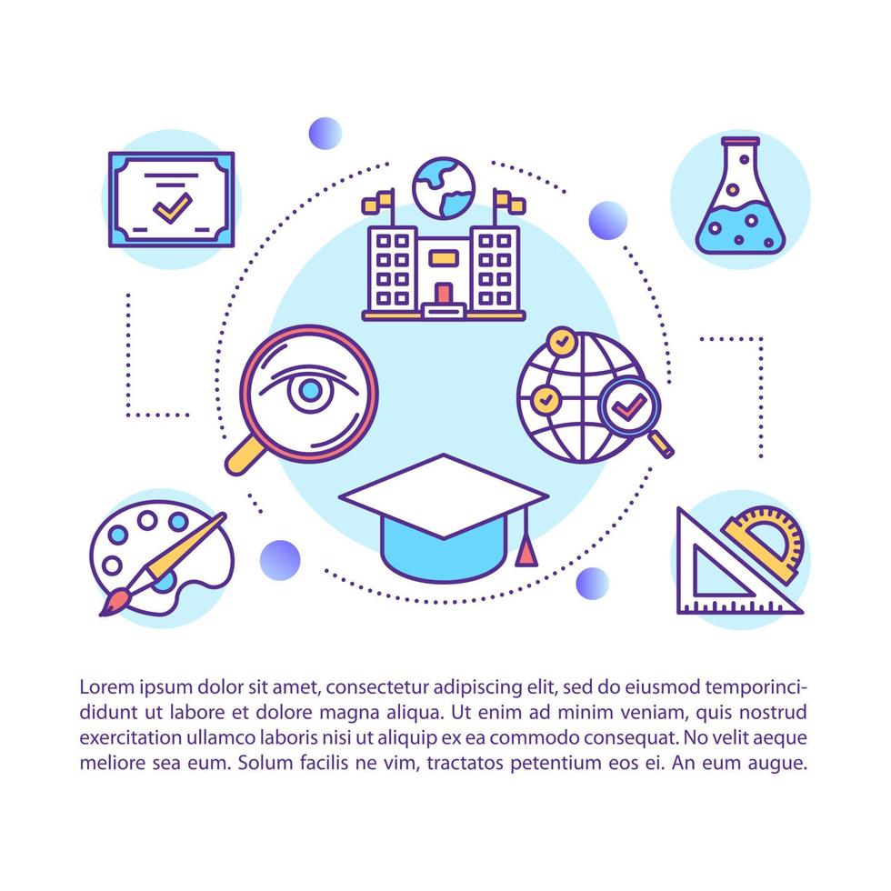 Symbol für das Konzept des Hochschulzugangs mit Text. wissenschaftliches und künstlerisches Bildungsprogramm. Abschlussdiplom. Artikelseiten-Vektorvorlage. Broschüre, Magazin, Booklet-Gestaltungselement mit linearen Illustrationen vektor