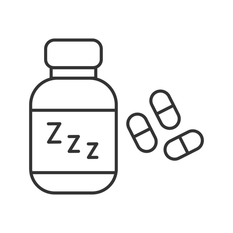 Schlaftabletten lineares Symbol. Flasche mit Medikamenten und Zzz-Symbol. dünne Linie Abbildung. einschläferndes Kontursymbol. Vektor isolierte Umrisszeichnung