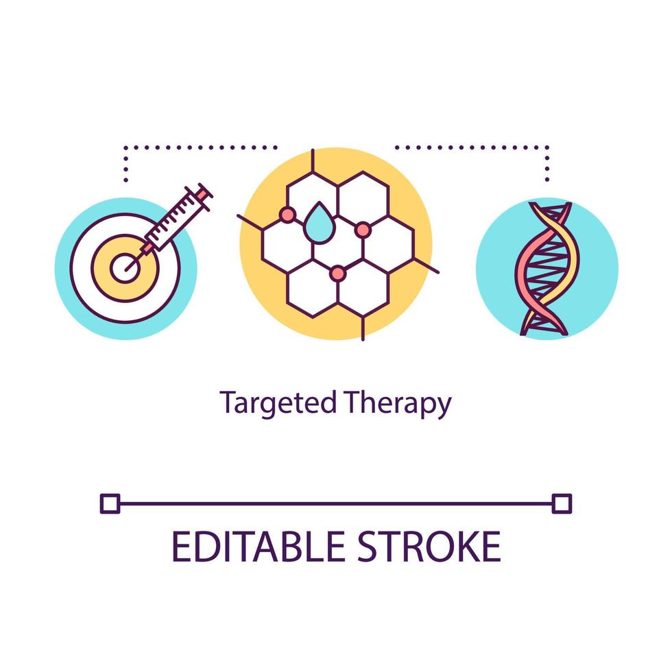 Symbol für gezieltes Therapiekonzept. Krebsbehandlungsidee dünne Linie Abbildung. Immuntherapie. Medizinische Hilfe. medikamentöse onkologische Behandlung. Medikamente. Vektor isolierte RGB-Farbzeichnung. bearbeitbarer Strich