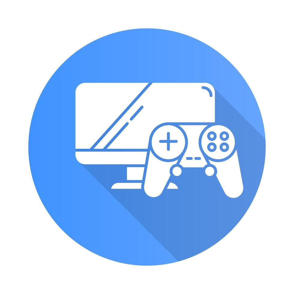 Videospiele und Konsolen blaues flaches Design lange Schatten Glyphe Symbol. Gamecontroller, Computerbildschirm. moderne Unterhaltung. E-Commerce-Abteilung. Vektor-Silhouette-Abbildung vektor