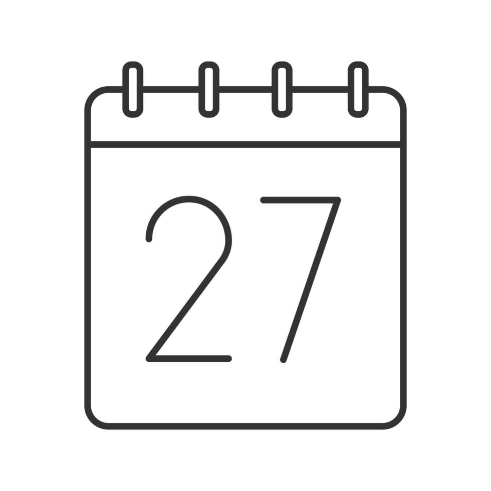tjugosjunde dagen i månaden linjär ikon. väggkalender med 27 tecken. tunn linje illustration. datumkontursymbol. vektor isolerade konturritning