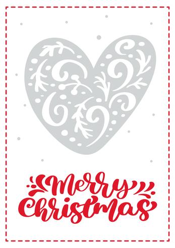 Julskandinaviska hälsningskort med vektor hjärta. glatt jul kalligrafi bokstäver text. Handritad illustration Isolerade föremål