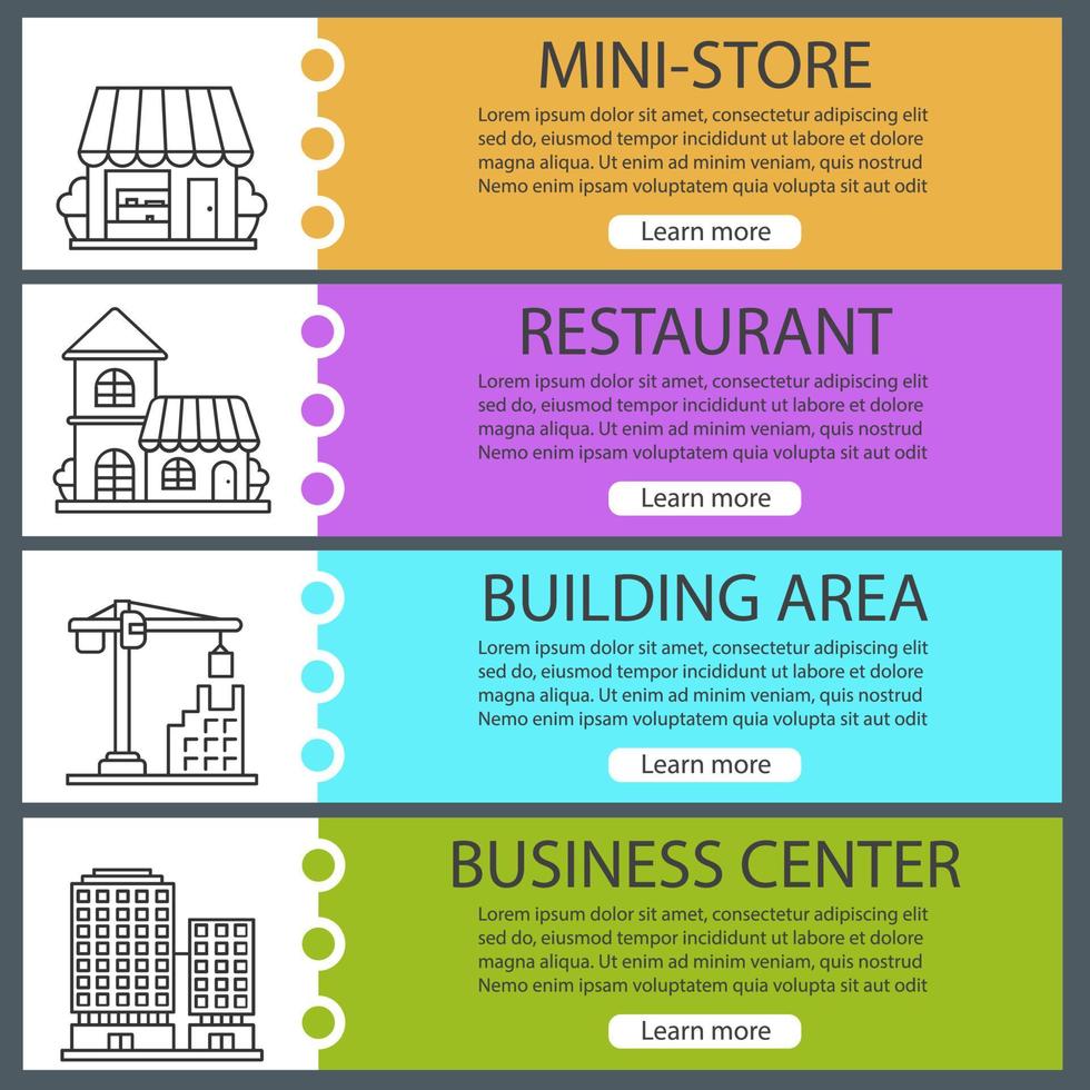 stadsbyggnader webb banner mallar uppsättning. liten butik, restaurang, affärscenter, byggnadsområde. webbplatsens färgmenyalternativ med linjära ikoner. vektorhuvuden designkoncept vektor