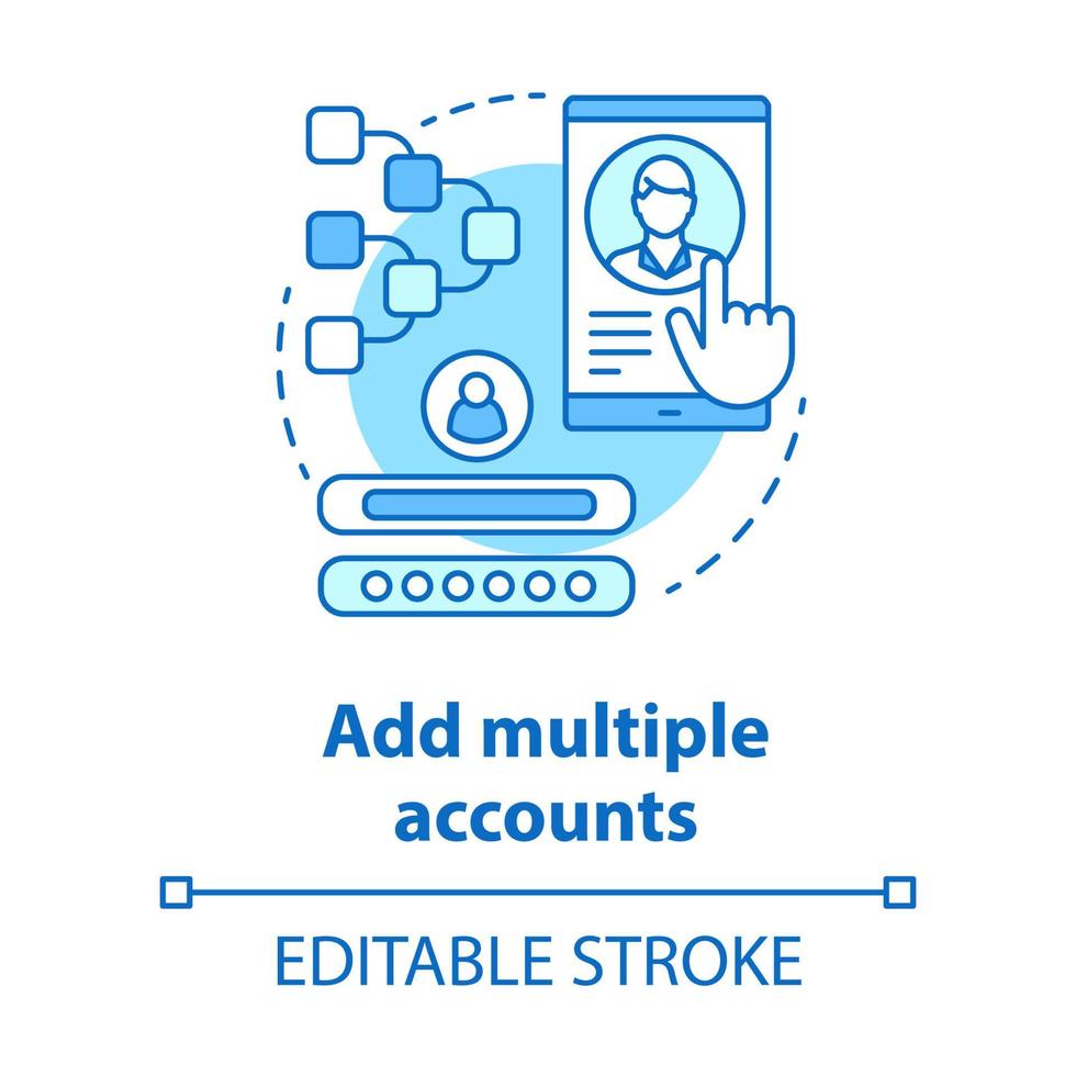 Fügen Sie das blaue Konzeptsymbol für mehrere Konten hinzu. Erstellen Sie eine neue Benutzerprofilidee mit dünner Linie. Abonnement der Webseite. Autorisierung sozialer Netzwerke. Vektor isolierte Umrisszeichnung. bearbeitbarer Strich