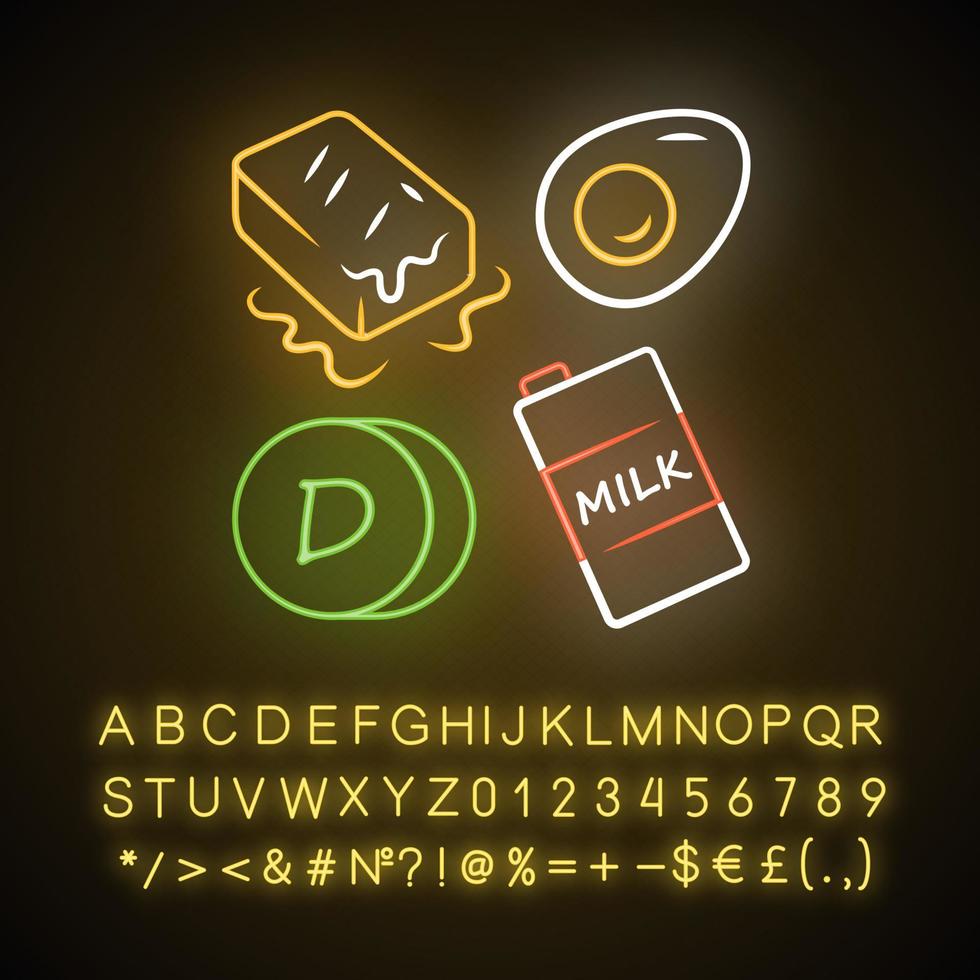 Symbol für Vitamin-D-Neonlicht. Butter, Ei und Milch. gesundes Essen. Cholecalciferol natürliche Nahrungsquelle. Milchprodukte. leuchtendes Schild mit Alphabet, Zahlen und Symbolen. isolierte Vektorgrafik vektor