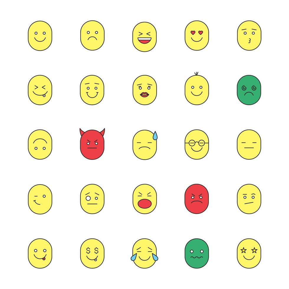 Smileys Farbsymbole gesetzt. Gefühle, Emotionen. isolierte vektorillustrationen vektor