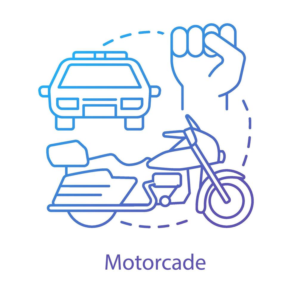 Autokolonne-Konzept-Symbol. Fahrzeuge Prozession Idee dünne Linie Abbildung. Polizeiauto, Motorrad und Faustvektor isolierte Umrisszeichnung. politischer Transport, Sicherheitszug. Eskorte des Präsidenten vektor