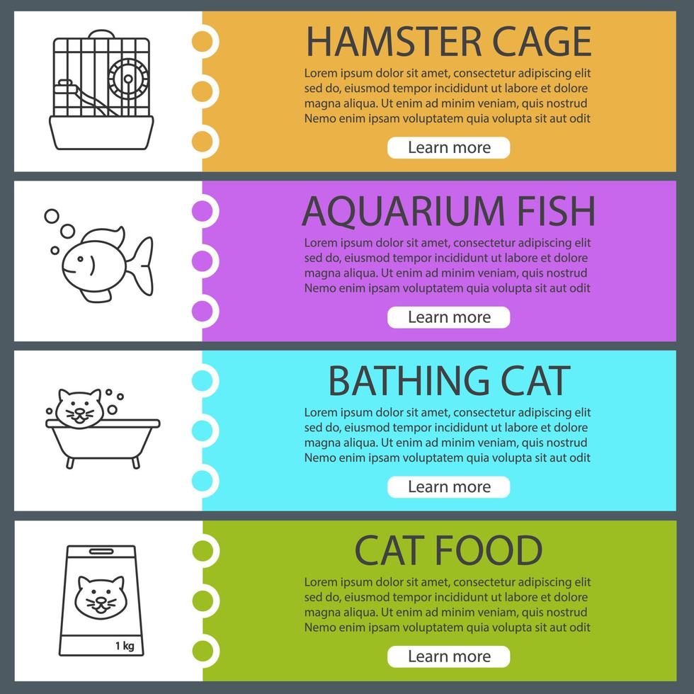 Haustiere liefert Web-Banner-Vorlagen eingestellt. Hamsterkäfig, Aquarienfische, Pflege, Katzenfutter. Website-Farbmenüelemente mit linearen Symbolen. Designkonzepte für Vektorheader vektor