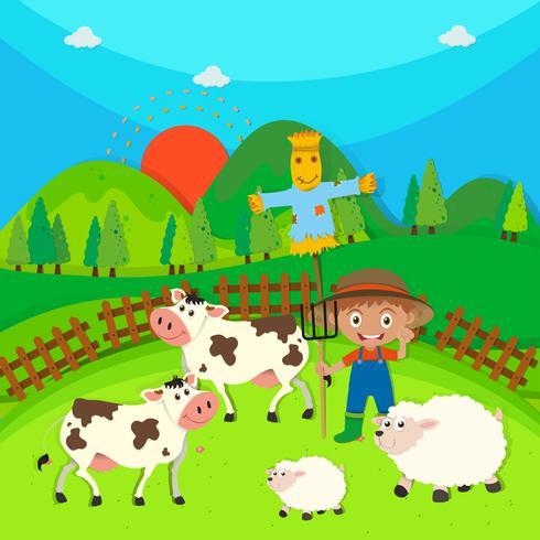 Landwirt und Nutztiere auf dem Bauernhof vektor