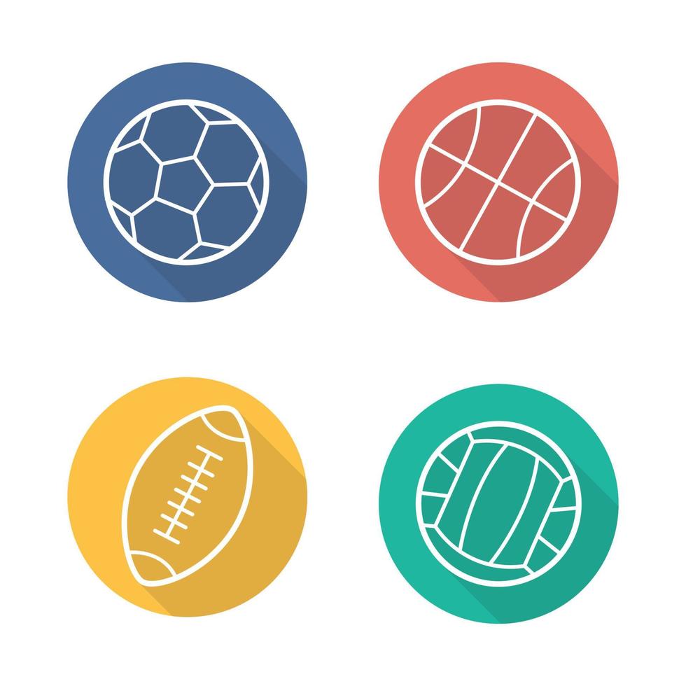 sportbollar platt linjär lång skugga ikoner set. volleyboll, basket, fotboll och rugbybollar. vektor linje illustration