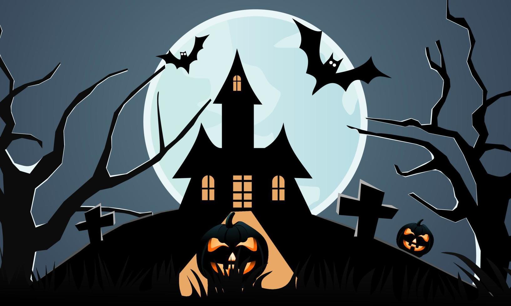 Halloween-Haus mit Kürbiskopf auf dem Berg nachts auf dem Vollmondhintergrund mit Baumkreuz und Fledermäusen. Konzept glücklicher Halloween-Tageshintergrund. Vektorillustrationsdesign vektor
