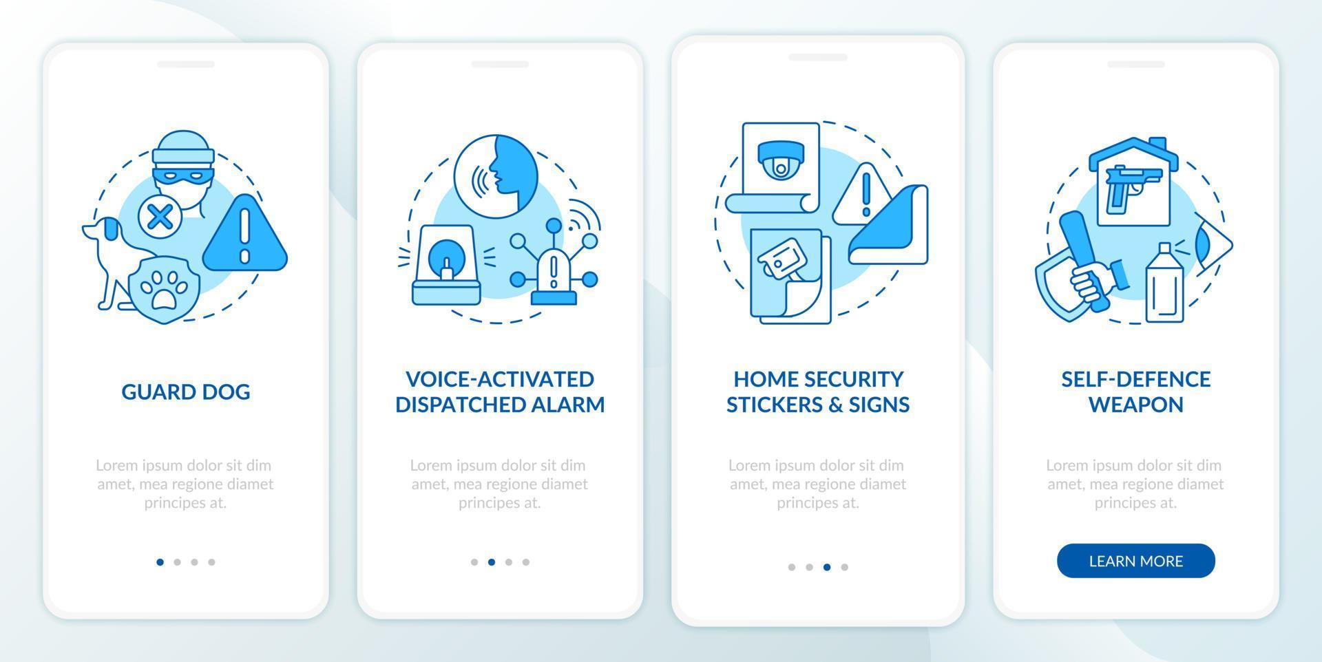 inbrottsförebyggande blå onboarding mobil app sida skärm vektor