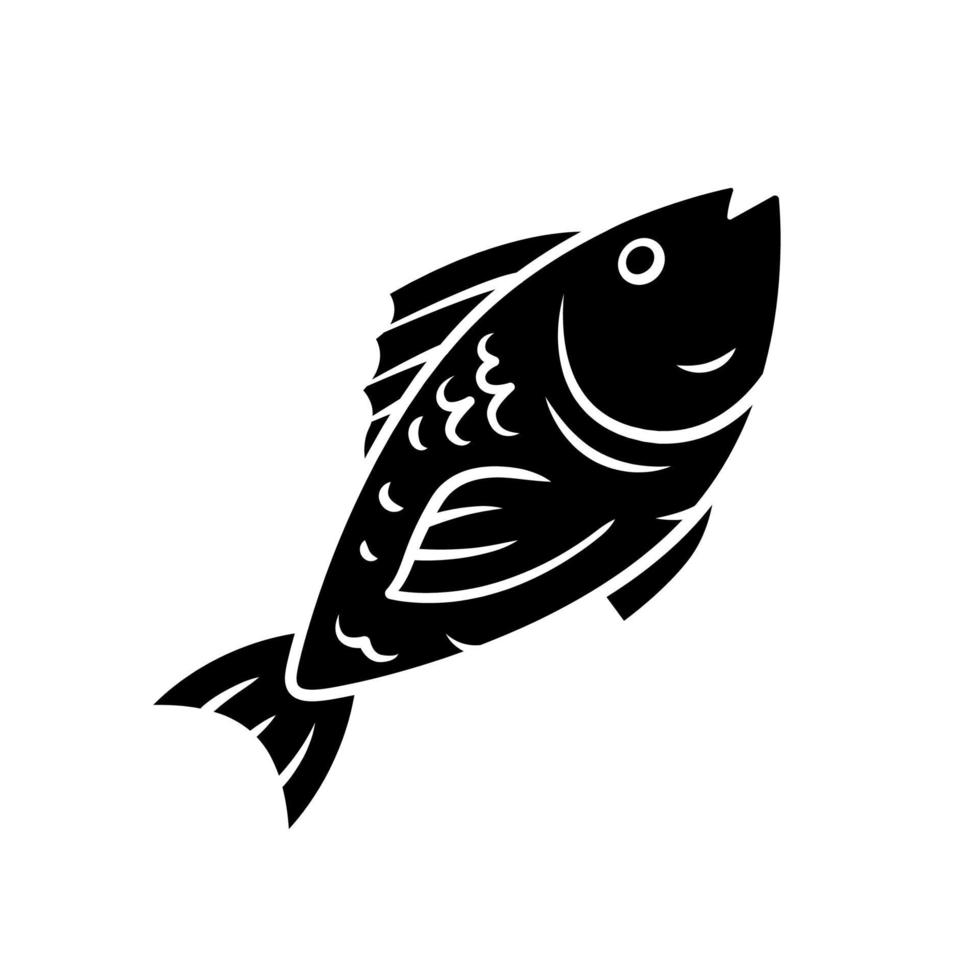 fisk glyph ikon. café, restaurangmeny. fiskarter. undervattens havsdjur, skaldjur. karp, tonfiskrätt. hälsosam kost. dietmat. silhuett symbol. negativt utrymme. vektor isolerade illustration