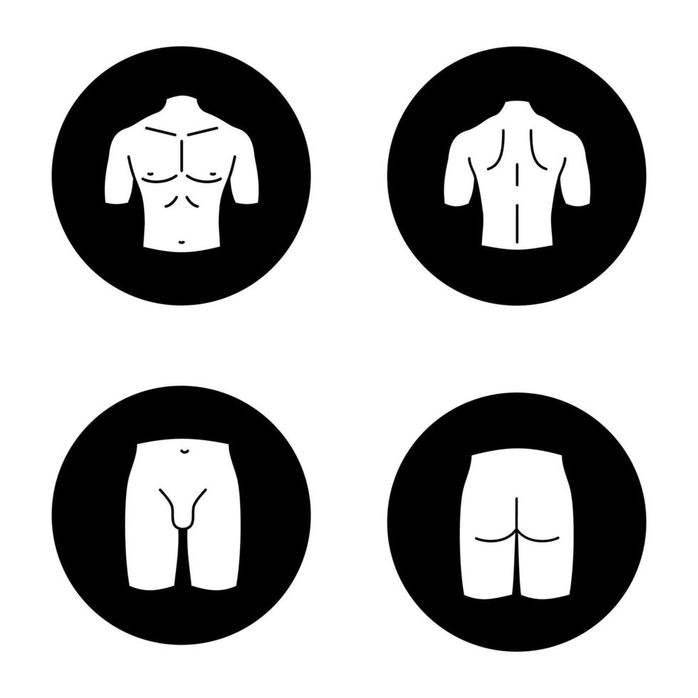 manliga kroppsdelar glyph ikoner set. muskulös bröstkorg, rygg, ljumsk, rumpa. vektor vita silhuetter illustrationer i svarta cirklar