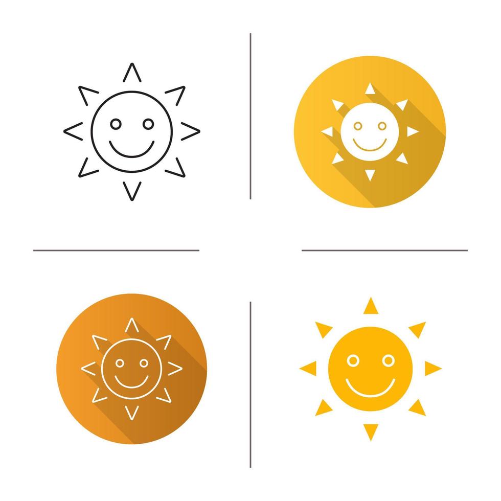 glad och rolig sol leende ikon. platt design, linjära och glyffärgstilar. bra humör. sommartid. isolerade vektorillustrationer vektor