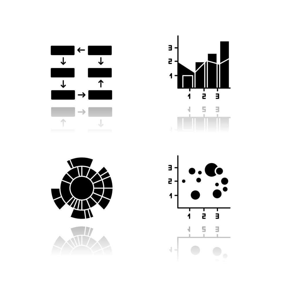 diagram och graf släpp skugga svart glyph ikoner set. dataanslutning och kabeldragning. processsteg. blandat diagram. sunburst radiellt diagram. sprid bubbeldiagram. företag. isolerade vektorillustrationer vektor