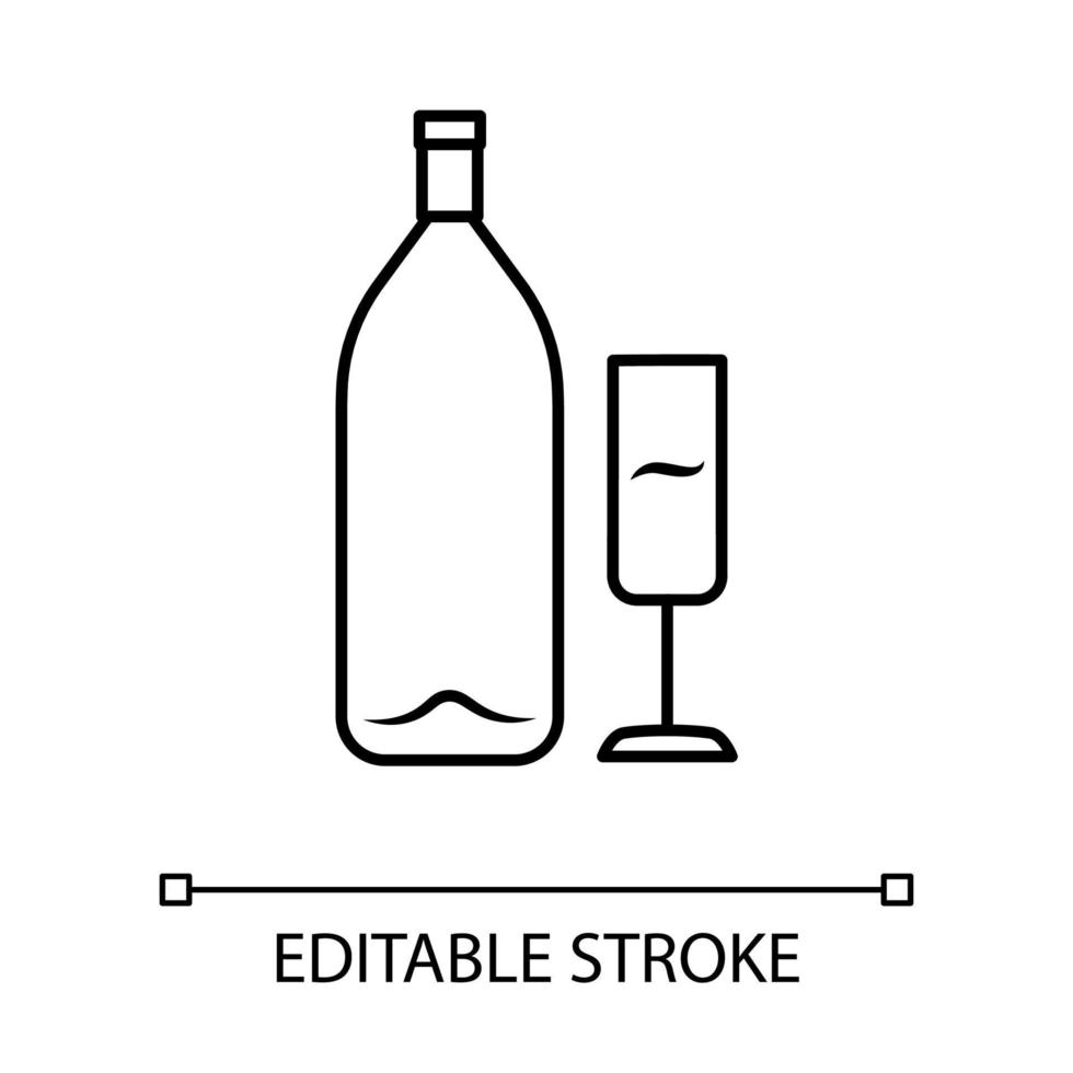 vin linjär ikon. alkoholbar. flaska och vinglas. champagneglas. glas för mousserande flöjtvin. tunn linje illustration. kontursymbol. vektor isolerade konturritning. redigerbar stroke