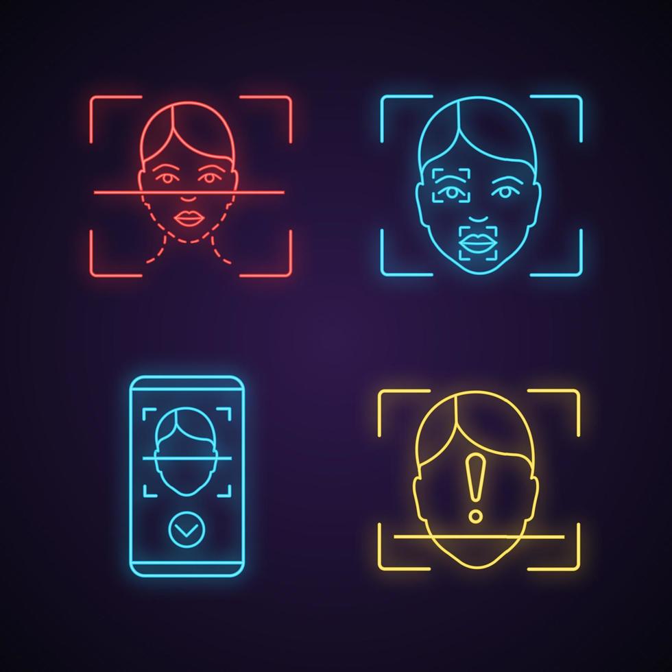 Gesichtserkennungs-Neonlicht-Symbole gesetzt vektor