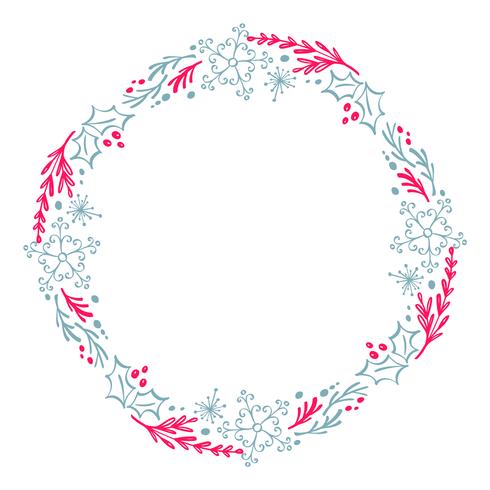 Jul Hand Drawn krans röd och blå Floral Winter Design Elements isolerad på vit bakgrund för retro design blomstra. Vektor kalligrafi och bokstäver illustration