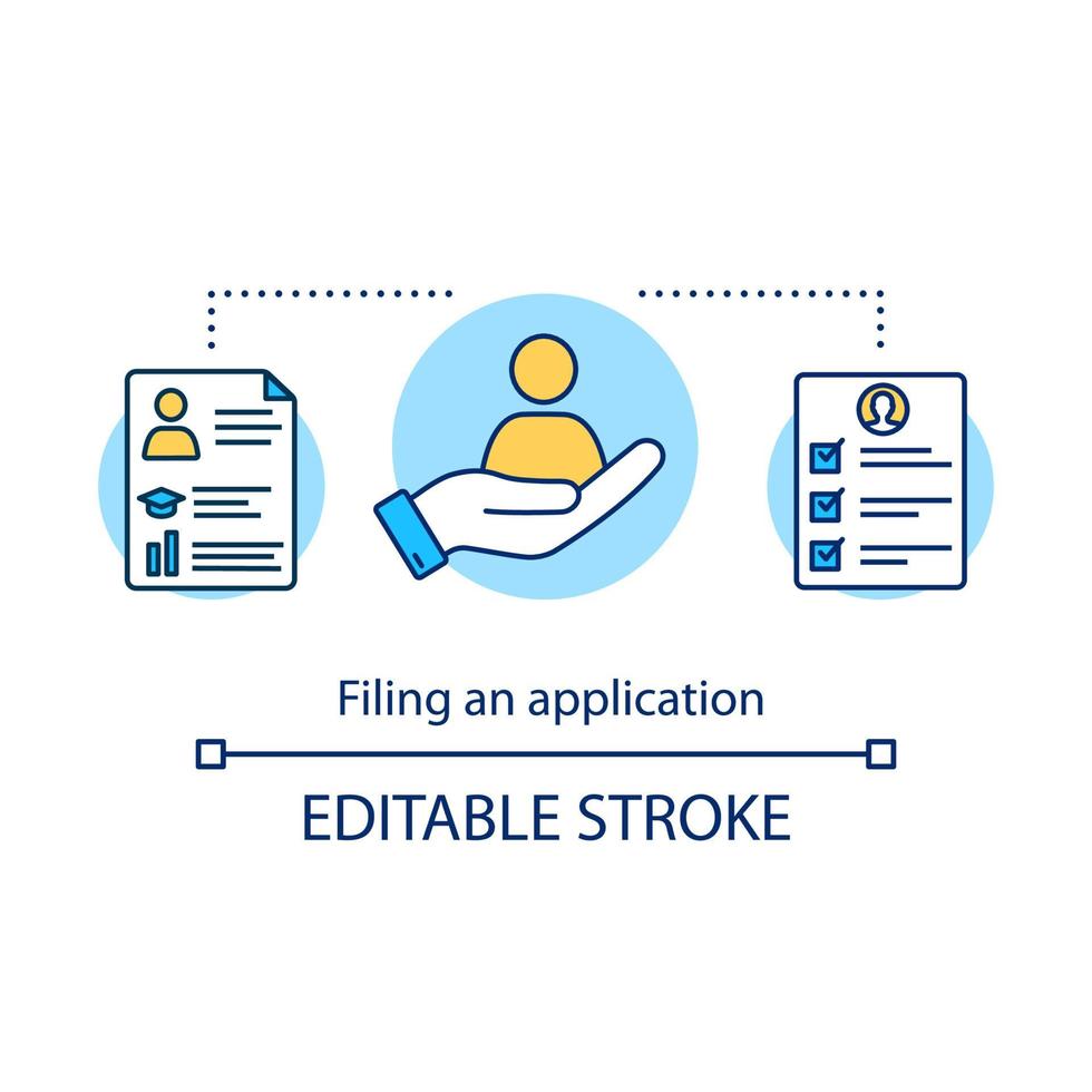 fylla en applikationskonceptikon. inlämning av handlingar. rekryteringstjänst. lämplig kandidat. personal sökning idé tunn linje illustration. vektor isolerade konturritning. redigerbar stroke