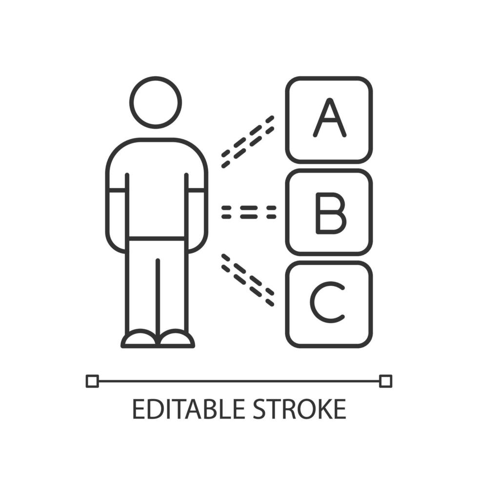 Lineares Symbol für persönliche Umfragen. Frage und Antwort. psychologischer Test. Kundengespräch. Persönlichkeitsbewertung. dünne Linie Abbildung. Kontursymbol. Vektor isolierte Umrisszeichnung. bearbeitbarer Strich