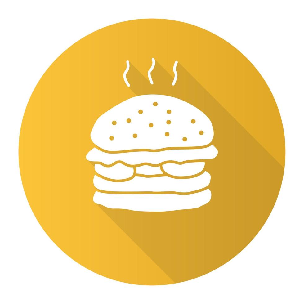 läcker burger gul platt design lång skugga glyph ikon. traditionell hamburgare, skräpmat vektor silhuett illustration. skadlig näring, takeaway service symbol. patty med bullar och grönsaker