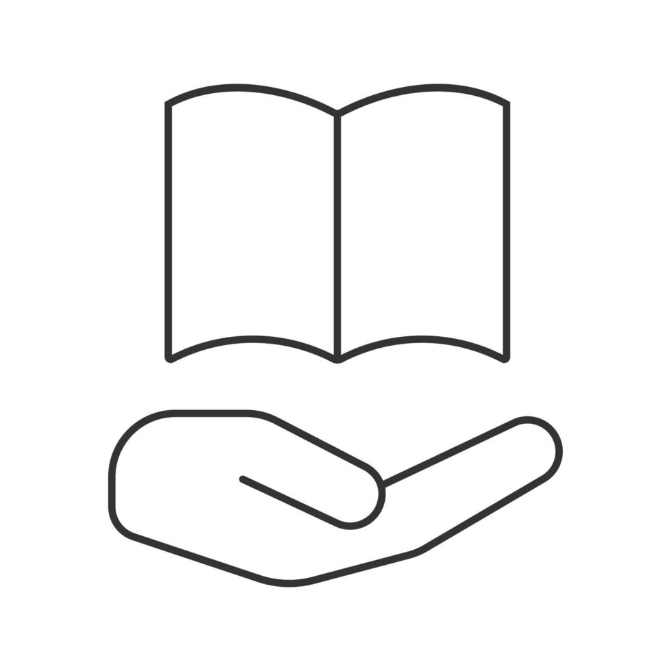 Offene Hand mit linearem Buchsymbol. Bücherei. dünne Linie Abbildung. Kontursymbol. Vektor isolierte Umrisszeichnung