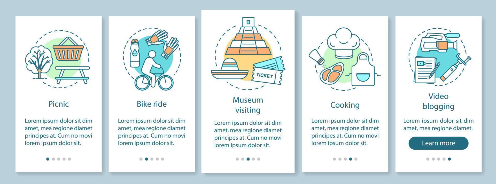 familjeaktiviteter med barn ombord skärm med mobilapps sidor med linjära koncept. cykeltur. museibesök. fem genomgångssteg grafiska instruktioner. ux, ui, gui vektormall, illustrationer vektor