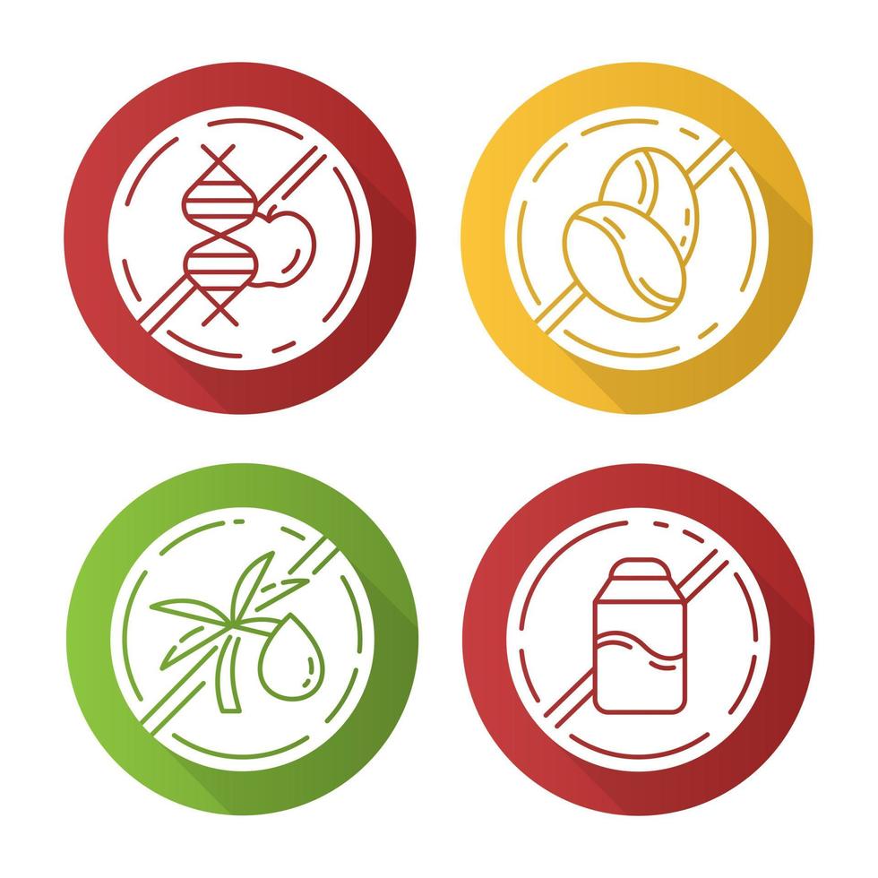 produktfri ingrediens platt design lång skugga glyph ikoner set. ingen gmo, koffein, palmolja, laktos. hälsosam ekologisk mat utan kemikalier. kost utan allergener. vektor silhuett illustration