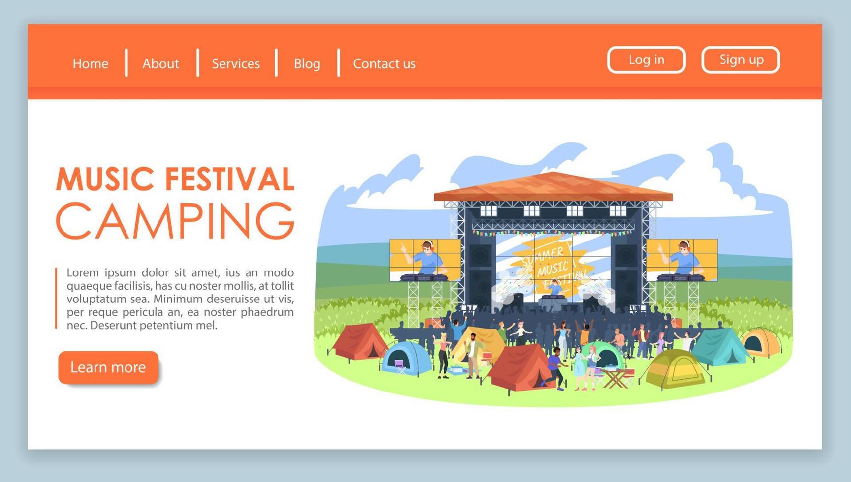 musikfestival camping målsida vektor mall. sommar utomhuskonsert webbplats gränssnitt idé med platta illustrationer. dj fest hemsida layout. underhållning webb banner, webbsida tecknad koncept