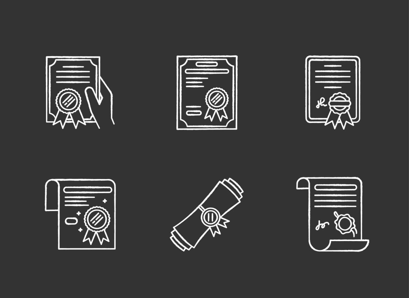 Zertifikate Kreide weiße Symbole auf schwarzem Hintergrund. Apostille und Legalisation. Diplom. notariell beglaubigtes Dokument. Lizenz. Leistung. vergeben. notarielle Dienstleistungen. isolierte tafel Vektorgrafiken vektor