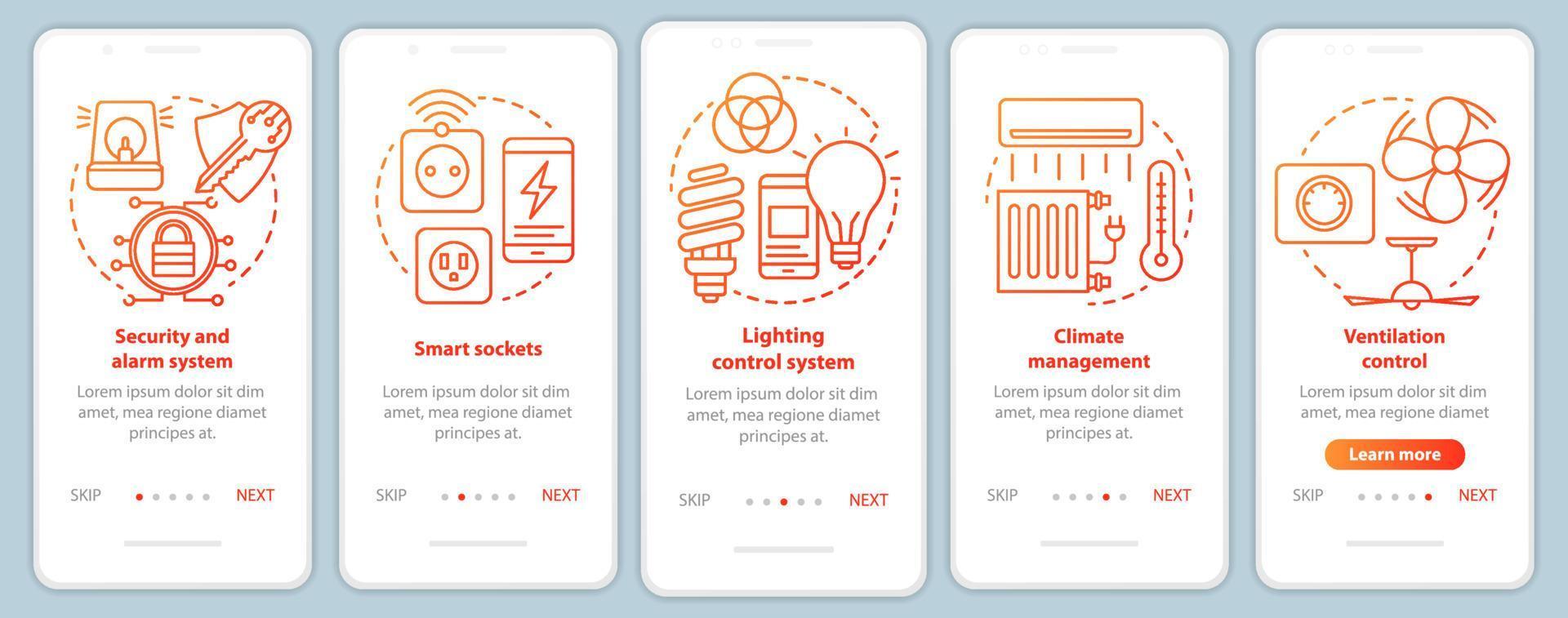 smart house onboarding mobilapp sida skärm vektor mall. hemautomatiseringssystem för livskomfort. genomgång av webbplatssteg med linjära illustrationer. ux, ui, gui smartphone gränssnitt koncept