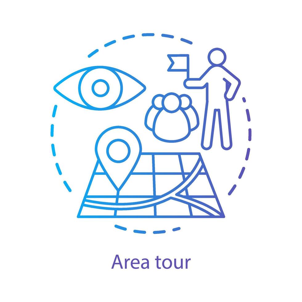 Symbol für das Konzept der Tourenplanung. Tourismus, Sehenswürdigkeiten besuchen, Sehenswürdigkeiten Idee dünne Linie Illustration. Führer führende Touristengruppe, die Sehenswürdigkeiten zeigt. Vektor isolierte Umrisszeichnung. bearbeitbarer Strich