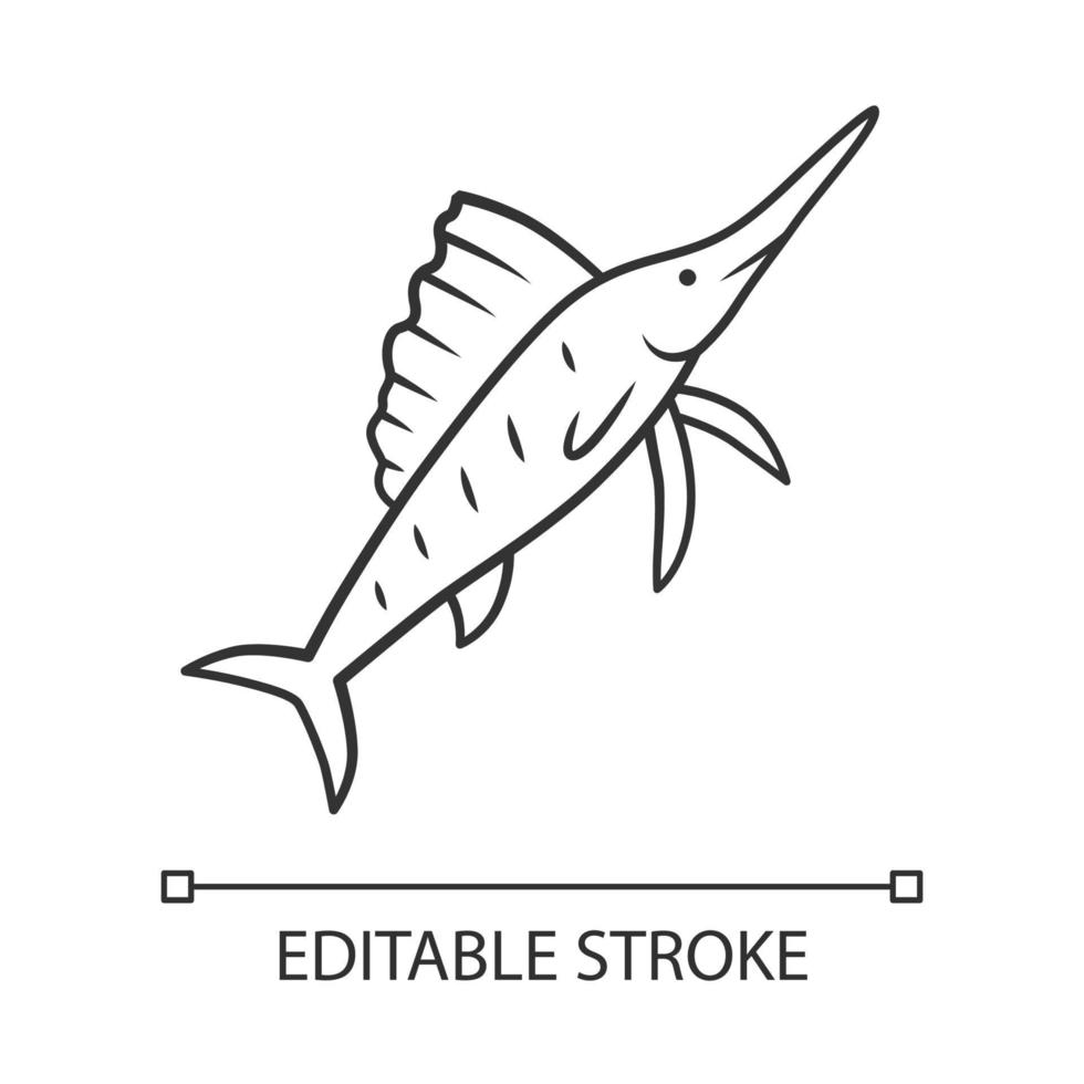 segelfisk linjär ikon. fisk med vass näsa. undervattens svärdfisk. vattenlevande varelse. marin natur. ocean fauna tunn linje illustration. kontursymbol. vektor isolerade konturritning. redigerbar stroke