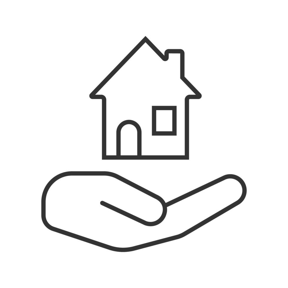 Offene Hand mit linearem Haussymbol. Haus mieten, kaufen. dünne Linie Abbildung. Immobilienversicherung. Kontursymbol. Vektor isolierte Umrisszeichnung
