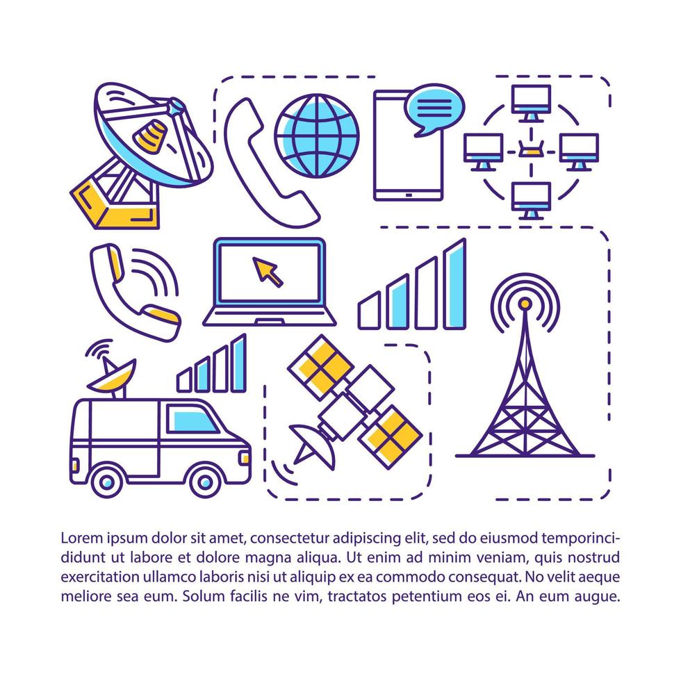 Telekommunikation, Artikelseitenvektorvorlage für die Rundfunkindustrie. Broschüre, Magazin, Broschürengestaltungselement mit linearen Symbolen und Textfeldern. Druckdesign. Konzeptillustrationen mit Textraum vektor