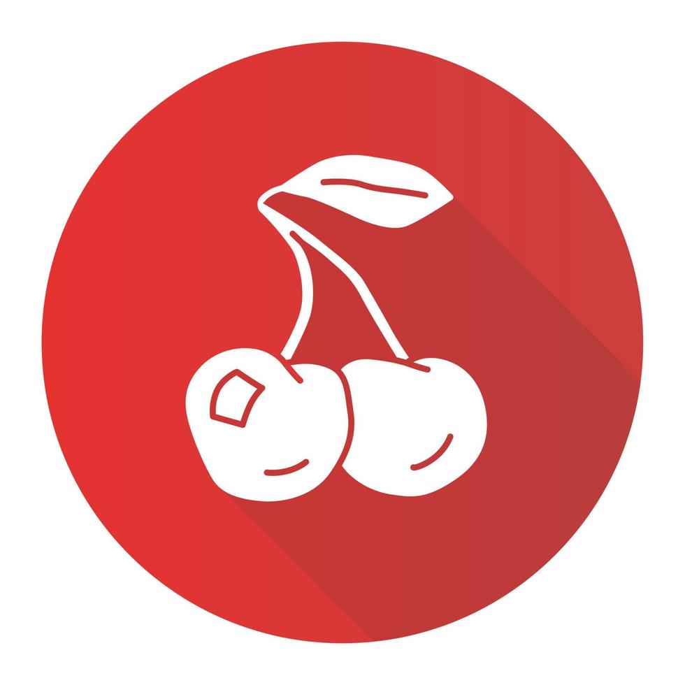 Reife Kirschen rot flaches Design lange Schatten Glyphe Symbol. organisches Antioxidans, frische Beerenvektorschattenbildillustration. gesunde Ernährung, vegane Ernährung, Vitamin-Diät-Symbol. natürliche Saftzutat vektor