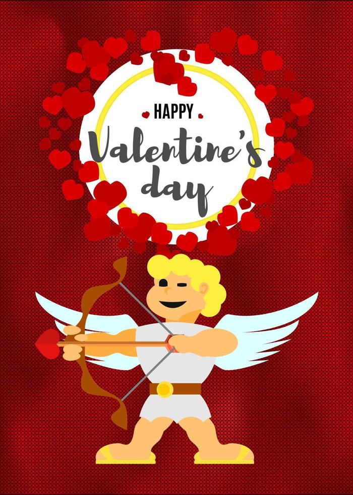 Valentinstag-Grußkarte mit Amor auf rotem Grund vektor