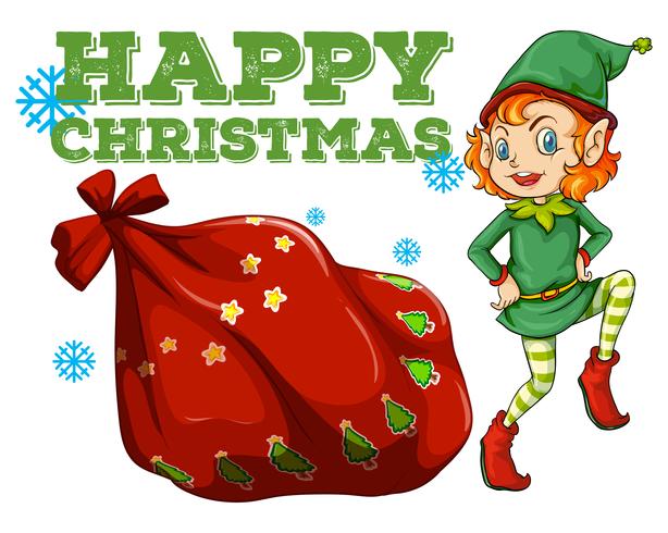 Weihnachtsthema mit Elf und Geschenkbeutel vektor