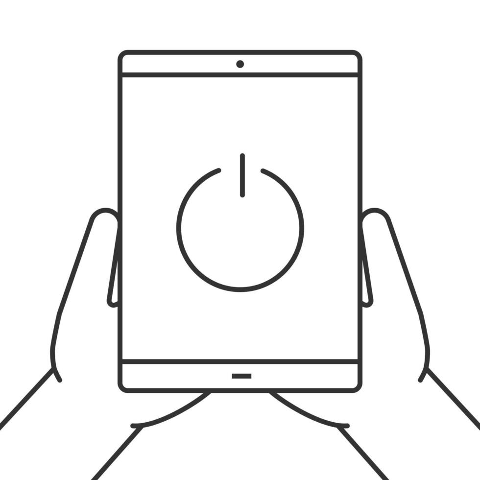 Hände, die lineares Symbol für Tablet-Computer halten. Gerät ausschalten. dünne Linie Abbildung. Tablet-PC mit Power-Button. Kontursymbol. Vektor isolierte Umrisszeichnung