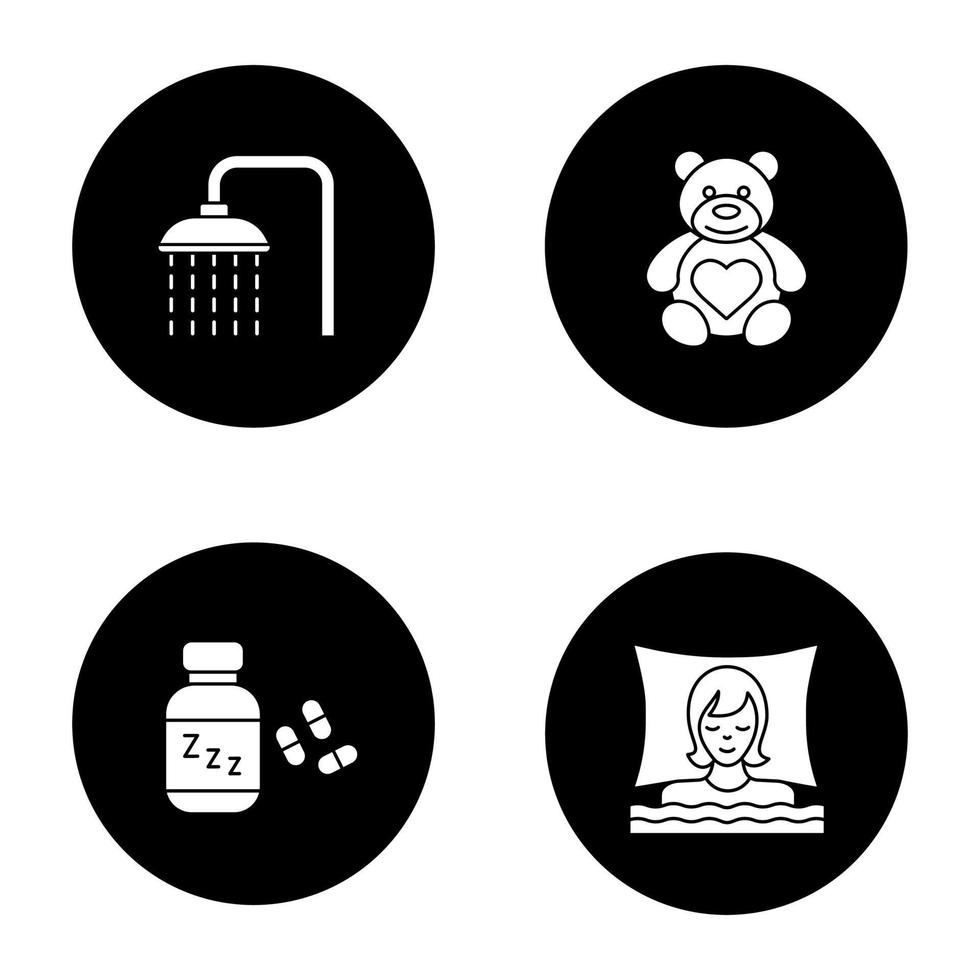 Schlafzubehör Glyphe Icons Set. Duscharmatur mit fließendem Wasser, Teddybär, Schlaftabletten, träumende Frau. Vektorgrafiken von weißen Silhouetten in schwarzen Kreisen vektor