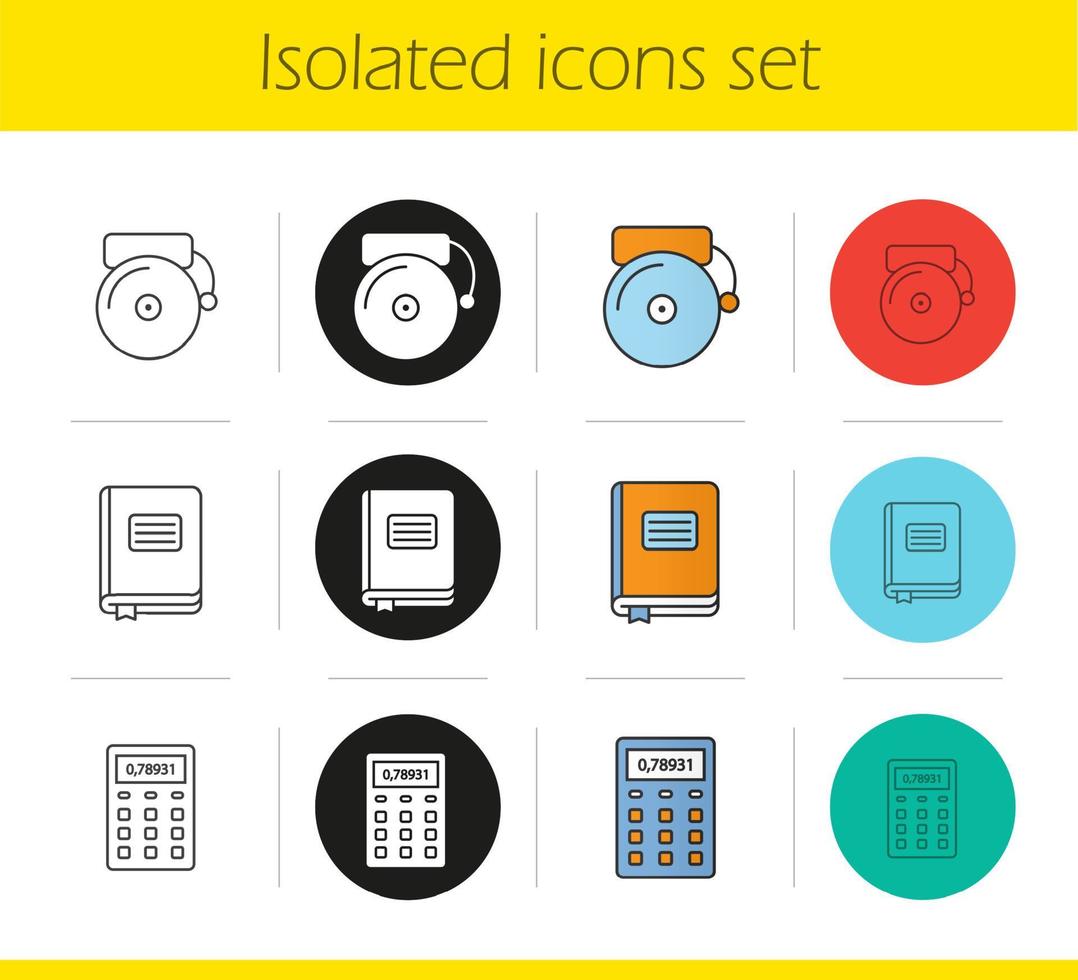 Schule und Bildung Symbole gesetzt. lineare, schwarze und farbige Stile. Schulglocke und Tagebuch, Taschenrechner. isolierte vektorillustrationen vektor
