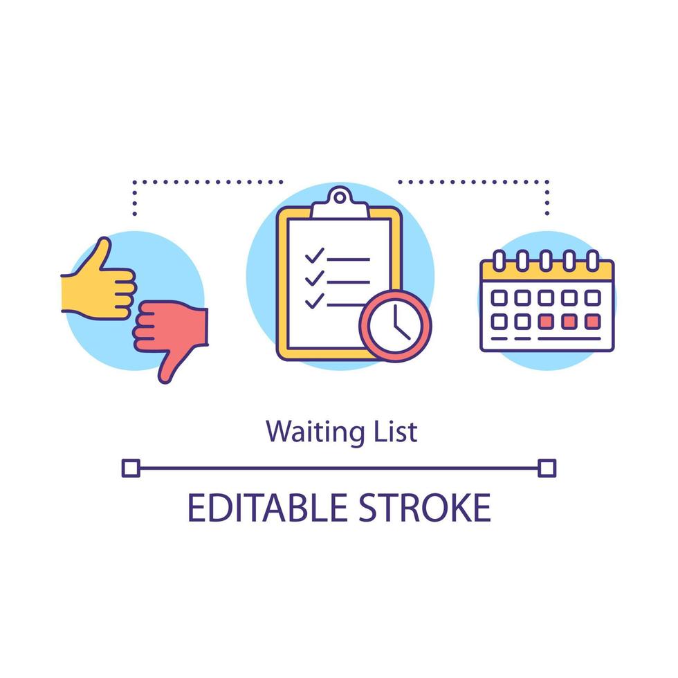 väntelista konceptikon. bedömning av egen framgång. planera. tidsplanering. prioriteringar av uppgifter. deadlines idé tunn linje illustration. vektor isolerade konturritning. redigerbar stroke