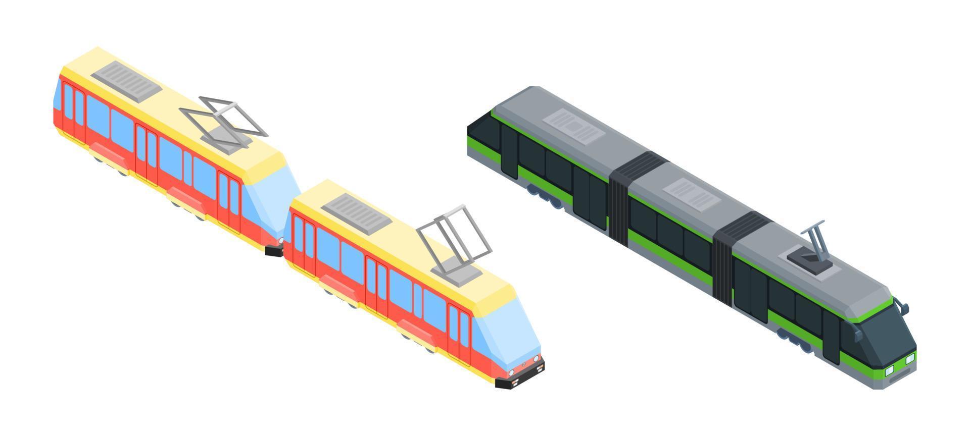 zwei verschiedene Straßenbahnen im isometrischen Stil des Stadtverkehrs vektor