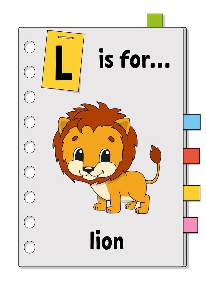Jag är för lejon. abc-spel för barn. ord och bokstav. lära sig ord för att studera engelska. tecknad figur. gulligt djur. färg vektor illustration.