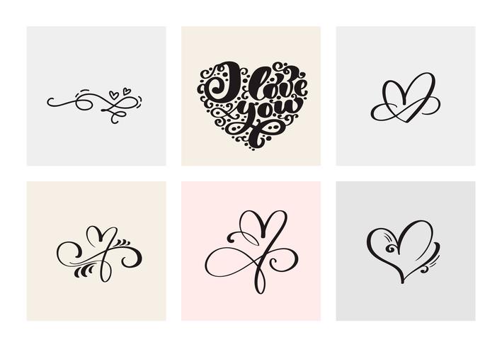 Satz von sechs Weinlese Vector Valentines Day Hand Drawn Calligraphic Hearts. Kalligraphie Schriftzug Abbildung. Urlaub Design Valentinstag. Ikonenliebesdekor für Netz, Hochzeit und Druck. Isoliert