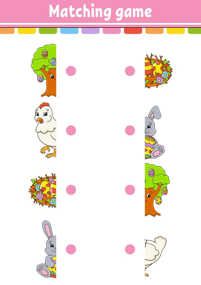 Matching-Spiel. zeichne eine Linie. Thema Ostern. Arbeitsblatt zur Bildungsentwicklung. Aktivitätsseite mit Farbbildern. Rätsel für Kinder. isolierte Vektor-Illustration. lustiger Charakter. Cartoon-Stil. vektor